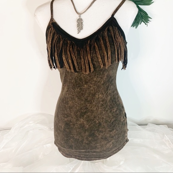 T-Party Fringe Front Cami Tank Top! Mineral Washed Brown - Picture 1 of 8
